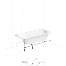 Прямоугольная ванна One производится из литьевого акрила в размерах от 14070 до 18080 см. Благодаря усиленному армированному корпусу ванна надежна как при установке на металлический каркас, так и при встраивании вровень с поверхностью пола. Плавное увеличение чаши ближе к изголовью и удобная пологая спинка ванны позволяют расположиться максимально комфортно. Торцевой и пристенный бортики ванны — идеальное место для часто используемых предметов гигиены. Основа ванн из литьевого акрила — жесткий 4 мм лист полиметилметакрилата (ПММА), который помещают в вакуум-формовочное оборудование и под большим давлением заполняют матрицу будущей ванны. Для максимальной прочности конструкции по всему основанию купели закладывается усиленная плита ДСтП, а внешняя сторона покрывается смесью полимера с отвердителем и ровингом. После отверждения в ванне высверливают отверстия для слива-перелива. Сифон-автомат Useful Extras от Wellsee изготовлен из полипропилена высокой термической стойкости и прочности, неуязвим к воздействию агрессивных химических средств. Самоочищающаяся форма и изгибы сифона препятствуют скоплению грязи внутри обвязки и поддерживают высокую пропускную способность — 50 л/мин. Конструкция ванны предполагает установку на поперечные ножки или усиленный металлический каркас с максимальной нагрузкой до 500 кг и предусматривает дополнительную фиксацию к стене. Наличие регулировок на каждой ножке и распорках обеспечивает удобство установки на различных поверхностях.