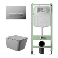 Комплект Alentori Инсталляция SITEMA, Панель смыва с прямоугольными кнопками, хром + Унитаз подвесной 520х370 безободковый, сиденье Soft-Close, серый матовый, форма квадрат ALS.SIS1102.CRQ0130
