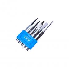 Набор ударного инструмента VERTUL VR50353 включает в себя пять предметов, предназначенных для бытового использования. В комплекте представлены зубила, кернеры, выколотки и бородки, что делает его универсальным решением для различных задач. Все инструменты изготовлены из легированной стали, что обеспечивает надежность и долговечность в эксплуатации. Зубила имеют размер 1 2 мм, что позволяет выполнять точные работы. Кернеры и выколотки с размером 4 мм обеспечивают аккуратность и точность при разметке и выбивании. Бородки размером 3 мм подходят для выполнения мелких операций.