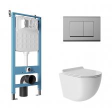 Комплект Aqueduto AQDS100T Унитаз подвесной Ovo безободковый, с микролифтом, смыв Tornado + Система инсталляции для унитазов Tecnica Novo + Кнопка смыва Quadrado хром