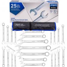 Набор комбинированных ключей от бренда Scheppach — это универсальный комплект, состоящий из 25 предметов, который сочетает в себе функционал и преимущества рожковых и накидных ключей. Рожковая часть расположена под углом 45° к оси ключа, что расширяет рабочий диапазон и облегчает доступ к труднодоступным местам. Накидная часть выполнена в 12-гранном исполнении, что позволяет надёжно захватывать даже тугой крепёж и снижает риск срыва грани. Основные характеристики Количество предметов: 25 Материал: Хромованадиевая сталь (Cr-V) Накидная часть: 12-гранная Размеры ключей: 6, 7, 8, 9, 10, 11, 12, 13, 14, 15, 16, 17, 18, 19, 21, 22, 24, 27, 30, 32 мм Особенности Универсальность. Комбинированных ключей имеют одинаковые размеры, что обеспечивает легкость работы с крепежом и позволяет использовать ключи для монтажа и демонтажа резьбовых соединений. Фиксация на полотне. Ключи удобно фиксируются на полотне, которое имеет специальные отверстия в верхних углах для крепления на стене. Это позволяет организовать пространство и быстро находить нужный инструмент. Широкая область применения. Гаечные ключи — одни из самых часто используемых ручных инструментов, применяемых в производстве, мастерских, сервисных центрах, гаражах, а также в коммунальном и сельском хозяйстве и в быту.