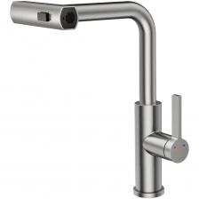 Смеситель для кухни с высоким поворотным изливом и вытяжной лейкой 3-функц. RUSH Tinos арт.TI3732-18 цвет сатин с металлической ручкой изготовлен из нержавеющей стали SUS304 и имеет рычажное управление.  В смеситель установлен картридж D-35 с керамическими пластинами. Высота смесителя 398мм. Излив поворотный и вытяжной с поворотной лейкой с 3 функциями. Высота излива до аэратора 257мм. Аэратор изготовлен из пластика. 