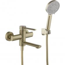A53034-21 смеситель ванно-душевой с душевым гарнитуром бронза, PVD покрытие сталь SUS304, картридж D=35 мм излив: L=120 мм, поворотный, переключение потока установочный комплект + ручная лейка: ABS пластик, D=112 мм, 3 режима, бронза/св. серый держатель настенный: ABS пластик, бронза/св. серый шланг: 1500 мм, PVC, антитвист, золотистый Смеситель предназначен для подачи воды в ванну, обеспечивает комфортное использование душа. Устанавливается на вертикальная поверхность. Имеет эргономичный дизайн и отлично впишется практически в любой интерьер ванной комнаты. Наличие аэратора обеспечить равномерный поток воды, а также ее относительное смягчение.