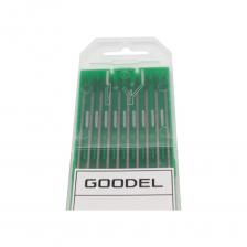 Вольфрамовые электроды WP (зеленые) - содержат 99,5% вольфрама. Один из самых распространённых типов электродов для сварки алюминия и нержавеющей стали на переменном токе. Электроды обеспечивают хорошую устойчивость дуги при сварке на переменном токе, сбалансированном или не сбалансированном с непрерывной высокочастотной стабилизацией (с осциллятором). Вольфрамовые электроды WP предпочтительны для сварки на переменном синусоидальном токе алюминия, магния и их сплавов, так как они обеспечивают хорошую устойчивость дуги как в аргоновой, так и в гелиевой среде. Электроды с маркировкой WP обеспечивают высокую стабильность горения дуги, но обладают плохой термостойкостью и электронной эмиссией. Из-за такой ограниченной тепловой нагрузки рабочий конец электрода необходимо затачивать в виде округлой формы (шарика). Предназначены для сварки алюминия, магния, никеля и их сплавов на cинусоидальном токе (AC) в среде аргона или гелия.