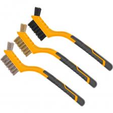 Набор мини-щеток предназначен для очистки различных поверхностей от краски, грязи, пыли. Мини-щетки оснащены нейлоновой, латунной и проволочной щетиной из нержавеющей стали. Щетина с узкой головкой подходит для труднодоступных мест.