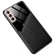 Чехол-накладка MyPads для Samsung Galaxy S21+ plus (SM-G996) черная из качественного силикона с дизайном под кожу со стеклянной вставкой