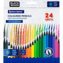 Карандаши цветные черное дерево Brauberg BLACK WOOD, 24 цвета, грифель мягкий, 3 мм, (181949)