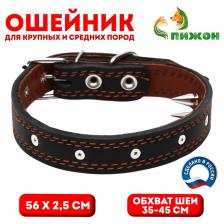 Ошейник кожаный "Строгий шип", 56 х 2.5 см, ОШ 35-45 см, чёрный