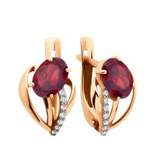 Золотые серьги с гранатом и фианитами с родированием