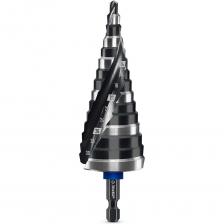 Ступенчатые сверла ЗУБР специально разработаны для поэтапного сверления отверстий большого диаметра и снятия фасок в различных металлических конструкциях и заготовках. Предназначены для сверления металлических конструкций и заготовок, листовых материалов, цветных металлов, пластика. Получение ровных отверстий в листовых материалах. Крестообразная подточка позволяет начать сверление без предварительных работ. Угол заточки при вершине равный 135° для ускорения процесса сверления. Сверло изготовлено методом вышлифовки и соответствует классу точности ?А1?. Шестигранный хвостовик 1/4? для быстрой смены инструмента. 15 ступеней: 4-6-8-10-12-14-16-18-20-22-24-26-28-30-32 мм