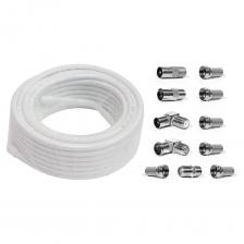 Коаксиальный кабель выполнен из высококачественных материалов. Материал центральной жилы - омедненная сталь CCA. Диаметр центральной жилы - 1 мм. Диэлектрик - вспененный полиэтилен. Двойной экран из алюминиевой фольги и алюминиевой проволоки. Плотность оплётки - 32%. Материал оболочки - ПВХ. Внешний диаметр - 6,8 мм. Волновое сопротивление - 75 Ом. Кабель для подключения цифрового и аналогового телевидения. Набор антенных переходников предназначен для подключения эфирного, спутникового и кабельного телевидения с помощью радиочастотного кабеля. Переходники изготовлены из никелированного сплава первичной меди, что гарантирует минимальный уровень потерь при прохождении сигнала.  