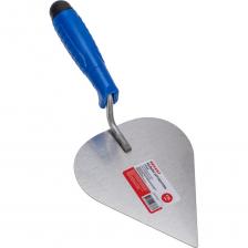 Кельма штукатура оснащена острым краем, благодаря которому легко формирует внутренние углы. Инструмент оптимален для удаления излишков раствора, нанесения и выравнивания штукатурных смесей. Материал изготовления – нержавеющая сталь, что способствует высокой устойчивости к коррозии и воздействию агрессивных веществ. Ручка выполнена из ударопрочного пластика и надежно приварена к полотну, что обеспечивает стойкость к интенсивному использованию. Благодаря рельефной поверхности ручка удобно лежит в руке и не выскальзывает во время работы. Предусмотрен затыльник из ABS пластика, которым можно простукивать плитку для корректировки ее положения и лучшей усадки.