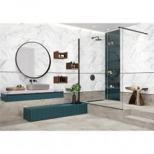 Коллекция представлена в формате 300х600 мм с глянцевой поверхностью и текстурой красивого мрамора арабескато и белого мрамора каррара. Два цвета базовых плиток дополняет декоративный элемент со спецэффектом. Мелкодисперсный мерцающий глиттер нанесен в виде объемных мелких бусин с шахматным ритмом на светлую мраморную базу. При попадании света на декор он отражает свет и переливается, привлекая внимание. Дополняет композицию керамический бордюр 13x600 мм в платиновом цвете и матовый керамогранит в формате 600x600 мм.