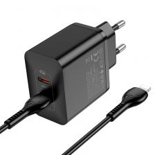 Сетевое зарядное устройство Hoco (N35) Streamer 2хType-C PD 45W + кабель Type-C/Lightning 1m (черный)