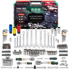 Набор Rockforce на 222 предмета — это универсальный комплект для автослесарей, мастеров по ремонту, монтажников и домашних умельцев. Включает три посадочных квадрата (1/4", 3/8", 1/2") и охватывает весь спектр работ: от точной сборки до силового монтажа. Все элементы выполнены из прочных материалов (CRV, CRMO) и удобно размещены в кейсе. Максимальная универсальность Три посадочных квадрата — 1/4", 3/8", 1/2" — подходят для работы с мелкими, средними и крупными крепежами. Головки 6-гранные, 12-гранные, глубокие, ударные, свечные, Е-профиль — полный спектр для любых типов болтов и гаек. Головки-биты и битодержатели — обеспечивают совместимость с ручным и электроинструментом. Полный приводной набор Трещотки с реверсом 72 зуба (150, 200, 250 мм) — плавный ход и удобство в ограниченном пространстве. Воротки, удлинители, карданные шарниры, адаптеры — гибкость и доступ к труднодоступным узлам. Расширенный ручной инструмент Комбинированные ключи (12 шт.) и Г-образные Torx/HEX (18 шт.) — для точной и силовой работы. Отвертки, плоскогубцы, пассатижи, молоток, зажим — всё необходимое для слесарных и монтажных операций. Биты на все случаи Более 100 бит разных форматов и профилей — HEX, SL, PH, PZ, TORX, TW, SP, TQ, TH, MN, S — для любых типов крепежей. Форматы 1/4", 5/16", 3/8" — совместимы с различными инструментами и адаптерами. Надёжность и качество Материалы: CR-V, CRMO — высокая прочность, устойчивость к износу и коррозии. Прочный кейс — компактное хранение, защита от повреждений и удобство транспортировки.