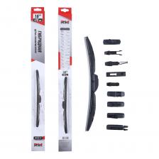 Особенности: Гибридная технология; 12 различных адаптеров в комплекте, что позволяет использовать щетку с большинством автомобилей; Эффективное удаление воды и грязи; Бесшумная работа; Долгий срок службы; Высококачественные материалы, устойчивые к морозам и износу; Адаптеры: В комплекте 12 разных адаптеров для различных типов креплений.