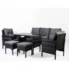 Набор из ротанга ручного плетения. Производство РФ. Гарантия 1,5 года. Ни одной пластиковой детали в конструкции, кроме заглушек на ножках, прочный стальной каркас, такой набор может подвергаться большим нагрузкам и при этом прослужит много лет. Нагрузка на каждое место до 150 кг. Очень красивая текстура лозы, путем микровкраплений специальных волокон различного цвета, тактильно приятная на ощупь, температурный диапазон использования от -50 до +50. Наборы не боятся ни влажности, ни морозов, ни прямых солнечных лучей. Подойдут, как для улицы, лоджии, веранды, беседки, так и для балкона, кухни и даже в бани и сауны. Чехлы подушек на молнии. Состав набора и размеры: Диван 1650х780х580 Кресло 2 шт 570х800х600 Стол 1200х750 Пуф 2 шт 450х450 Общий вес 60 кг. Габариты упаковки: 170Х60Х80 смДxШxВ: 1600x800x400ммВес: 50000г