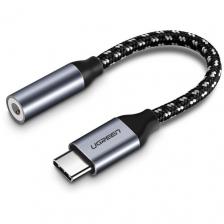 UGREEN Переходник UGREEN AV142-30632, Type-C (M) to AUX 3.5mm (F), аналоговый звук; металлический, с проводом 10 см, Gray