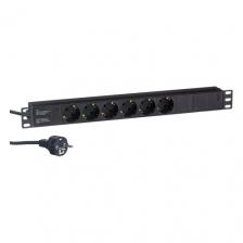 Блок розеток горизонтальный ExeGate ServerPro PDU-19H603 Al-6S-EU2.5CU (19", 1U, Алюминий, 6 Schuko, кабель с евровилкой VDE-250V-16A-3*1.5mm2, медь, 2.5 метра, черный, RTL)