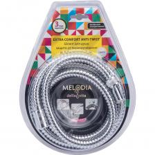 Шланг для душа Melodia della vita 1/2"*1/2" конус. ПВХ с оплеткой из нержавеющей стали диаметром 14 мм, длинной 150 см. Серия Tubo Comfort имеет двойной зажим и защиту от перекручивания. Шланг упакован в блистер. Присоединение к смесителю с помощью накидной гайки 1/2" (16 мм), присоединение лейки с помощью конусной накидной гайки 1/2" (16 мм). Шланг подходит к импортным смесителям и лейкам.#защита от перекручивания