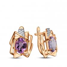 Золотые серьги с аметистами и фианитами с родированием