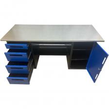 Стол-верстак инструментальный двухтумбовый Great Wolf GWT-V1800BL предназначен для выполнения слесарных, столярных и множества других видов работ. Усиленная столешница (1800х700х27мм) из МДФ и оцинкованного металла позволяет закрепить тиски и производить любые силовые работы по ремонту. Тумба с 4 ящиками (3 высоких ящика 185х373х445 и один узкий 80х373х445), тумба с тремя полками (нижняя 450х300х575, верхние 450х250х575), а также центральная полка позволяют разместить большое количество инструмента и оборудования. При желании расположение тумб можно менять местами, а также дополнить данную модель перфорированными панелями для подвесного крепежа (см. товары Great Wolf в каталоге).
