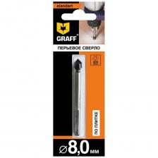 Сверло по стеклу и керамике 8x62 мм GRAFF 800862 предназначено для сверления отверстий в довольно твердых, но хрупких материалах, таких как керамическая плитка, незакаленное стекло, фарфор, керамика. Сверло не подходит для сверления твердой плитки, керамогранита или закаленного стекла. Перьевое сверло имеет две твердосплавные режущие кромки, что обеспечивает чистоту сверления. Предназначено для сухого сверления с помощью дрели в безударном режиме. При работе следует контролировать температуру сверла и обрабатываемой поверхности, избегая перегрева. Рекомендуемая скорость сверления для сверла 8 мм - 400 об/мин.