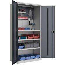 Инструментальные шкафы ДиКом TS созданы специально для продуманного хранения инструмента, метизов и комплектующих в мастерских и гаражах. Соответствуют ГОСТ Р 58864-2020: серия легкая. Инструментальный шкаф Диком TS-052-01 Шкаф Инструментальный 1900х950х500 укомплектован 3 оцинкованными полками и перфорированным экраном.Шкаф металлический, сборно-разборные.Полки из оцинкованного металла, регулируются по высоте с шагом 50 мм. Максимальная нагрузка на полку — 60 кг.Перфорированные экраны позволяют разместить инструмент и аксессуары.Окрашен стойкой порошковой краской на эпоксидной основе. Автоматизированная система, включающая в себя тщательную подготовку поверхности, нанесение краски и сушку,обеспечивает равномерное и надежное покрытие.Ригельная система запирания с самоцентрирующимися тягами. Замок EURO-LOCKS.Двери укреплены ребром жесткости и оснащены демпфером.