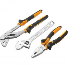 Плоскогубцы и клещи с двухкомпонентными рукоятками, их рабочие части покрыты никелем от коррозии. Изготовлены из специальной инструментальной стали. Упаковка: двойной блистер