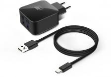 Сетевое зарядное устройство BORASCO 2xUSB, USB type-C, 2.1A, черный [20652]