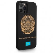 Черный силиконовый чехол SignumCase для iPhone 12/12 Pro Золотой Герб Казахстана для Айфон 12/12 Про