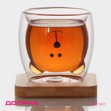 Стакан с двойными стенками Доляна «Вверх дном», 250 мл, 9x9 см, на деревянной подставке, стекло, прозрачный