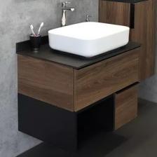 Тумба с раковиной Comforty Штутгарт 75, дуб тёмно-коричневый, с черной столешницей