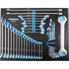 Комбинированный набор Forsage представляет собой удобный набор, который включает в себя 31 ключ. Некоторые ключи имеют как рожковую, так и накидную часть, что делает их универсальным инструментом для работы с различными крепежными элементами.Качество. Ключи изготовлены из высококачественной хромованадиевой стали и имеют хромированное покрытие для защиты от коррозии. Они имеют удобную форму, позволяющую легко работать с деталями в труднодоступных местах.Удобство хранения. Кроме того, набор поставляется в удобном ложементе, который позволяет хранить ключи в порядке и быстро находить нужный.Универсальность. Основным преимуществом набора являются универсальность - множество ключей разных видов самых распространённых размеров. Применение набора ключей комбинированных Forsage включает в себя работу с различными видами крепежа, включая гайки, болты и другие детали. Он может быть использован как в профессиональной, так и в домашней мастерской для ремонта и обслуживания оборудования и техники.