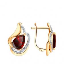 Золотые серьги с гранатом и фианитами с родированием