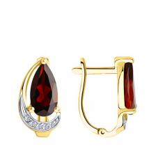Золотые серьги с гранатом и фианитами с родированием