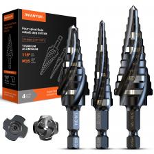 3 шт., ступенчатые сверла Unibit 1/8"-7/8", 4 спиральных канавки, HSS, износостойкое покрытие, для дерева и металла