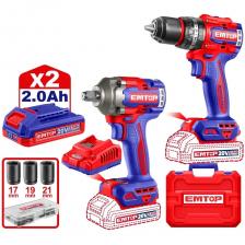 Набор аккумуляторных инструментов Emtop ECKL20275 — это идеальный выбор для любого мастера, который ищет универсальный и мощный инструмент для выполнения разнообразных работ. Комплект включает в себя высококачественные аккумуляторные инструменты, которые позволяют выполнять ремонтные, строительные и другие задачи с максимальной эффективностью. Благодаря аккумуляторному питанию, эти инструменты дают свободу движений и удобство использования в любых условиях. Беспроводная ударная дрель (ECIDL206681); Бесщеточный двигатель Скорость холостого хода: 0-500/ 0-2000 об /мин Максимальная скорость удара: 30000 ударов в минуту Максимальный крутящий момент: 66 Нм Металлический патрон Диаметр патрона: 13 мм Регулировка крутящего момента: 22+1+1 Механическая 2-ступенчатая передача Функция блокировки шпинделя Встроенная светодиодная подсветка Беспроводной ударный гайковерт (ECIWL20401): Бесщеточный двигатель Квадратный привод: 1/2" Скорость холостого хода:0-1600/0-1900/0-2300 об/мин Частота ударов:0-2100/0-2500/0-2900 уд/мин Максимальный крутящий момент: 400 НМ Крутящий момент при разрыве гайки: 550 Нм
