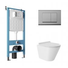 Комплект Aqueduto AQDS115T Унитаз подвесной Cone безободковый, с микролифтом, смыв Tornado + Система инсталляции для унитазов Tecnica Novo + Кнопка смыва Quadrado хром