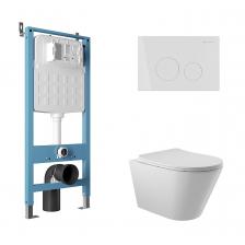 Комплект Aqueduto AQDS086 Унитаз подвесной Cone безободковый, с микролифтом + Система инсталляции для унитазов Tecnica Novo + Кнопка смыва Circulo белая глянцевая