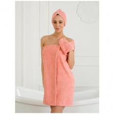 Набор для бани и сауны женский махровый BIO-TEXTILES персиковый XL-3XL (70*140) накидка парео, чалма, варежка