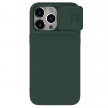 Чехол с MagSafe и с шелковистым покрытием темно-зеленого цвета (Foggy Green) от Nillkin для iPhone 15 Pro Max, серия CamShield Silky Magnetic Silicone Case