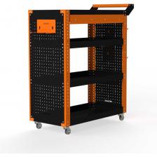 Тележка инструментальная Metalex Тип 2 А с выдвижным ящиком и боковыми панелями(4 полки )- это универсальная и удобная тележка, которая поможет Вам организовать хранение и перемещение Ваших инструментов внутри цеха или гаража. Главная особенность тележек Metalex – это возможность регулировки высоты установки всех полок. Перфорация на стойках сделана с шагом 25 мм. А так же, на все тележки Metalex можно установить большое количество различных аксессуаров.. Тележка укомплектована выдвижным ящиком на шариковых направляющих под верхней полкой На данных тележках устанавливаются две торцевые перфопанели, что значительно расширяет возможности хранения. Большое количество полезных аксессуаров мы уже положили в комплект. Но Вы всегда выбрать и доустановить, необходимые именно Вам, из линейки аксессуаров Metalex. Тележка выдерживает нагрузку до 150 кг., а каждая полка до 75 кг. Высота бортика у полок – 50 мм. На тележке установлены два колеса с углом поворота 360 градусов и два колеса, с таким же углом порота, но со стопорным механизмом. Все тележки Metalex окрашены порошковой краской, которая защитит изделие на долгие годы, даже во время интенсивной эксплуатации.