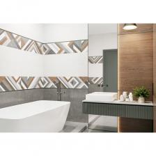 Матовая коллекция настенной плитки Stereo в формате 300x900 мм представляет собой сочетание тёплой фактуры дерева и брутального бетона на рельефе. Акцентным элементом серии является декоративный массив с разными рисунками в виде геометричной нарезки бетонных текстур бело-серых оттенков с деревянными элементами. В зависимости от комбинаторики артикулов коллекция подойдёт как для современных интерьеров в экостиле, подчеркивая близость к природе и создавая расслабленную атмосферу, так и для лофт-пространств или брутальных интерьеров. Плитка имеет ректифицированный край, он является дополнительным преимуществом, позволяющим осуществить укладку с минимальным швом. В состав коллекции входит платиновый бордюр и напольный компаньон в виде керамогранита с текстурой бетона в формате 600x600 мм.