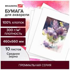 Бумага для акварели Brauberg ART PREMIERE, ХЛОПОК 100%, 300г/м2, 460x660 мм, среднее зерно, 10 листов (113231)