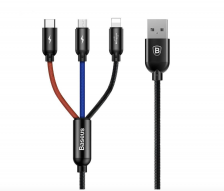 Кабель Baseus USB - micro USB+Lightning+USB Type-C 1.2м, 3.5A Three Primary Colors 3 в 1 (CAMLT-BSY01), черный