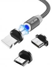 Магнитный USB-кабель 360 гр. для быстрой зарядки 3.0 с 3-мя разъемами Uslion, 1 м, серебро