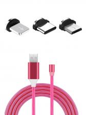 Магнитный светящийся USB-кабель 360 гр. с набором разъемов (Type C, Micro USB, iPhone), 1м, красный