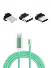 Магнитный светящийся USB-кабель 360 гр. с набором разъемов (Type C, Micro USB, iPhone), 1м, зелёный Магнитный светящийся USB-кабель 360 гр. с набором разъемов (Type C, Micro USB, iPhone), 1м, зелёный