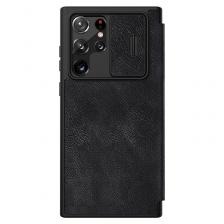 Кожаный чехол книжка от Nillkin для Samsung Galaxy S22 Ultra, черный цвет, серия Qin Pro Leather с защитной шторкой для камеры